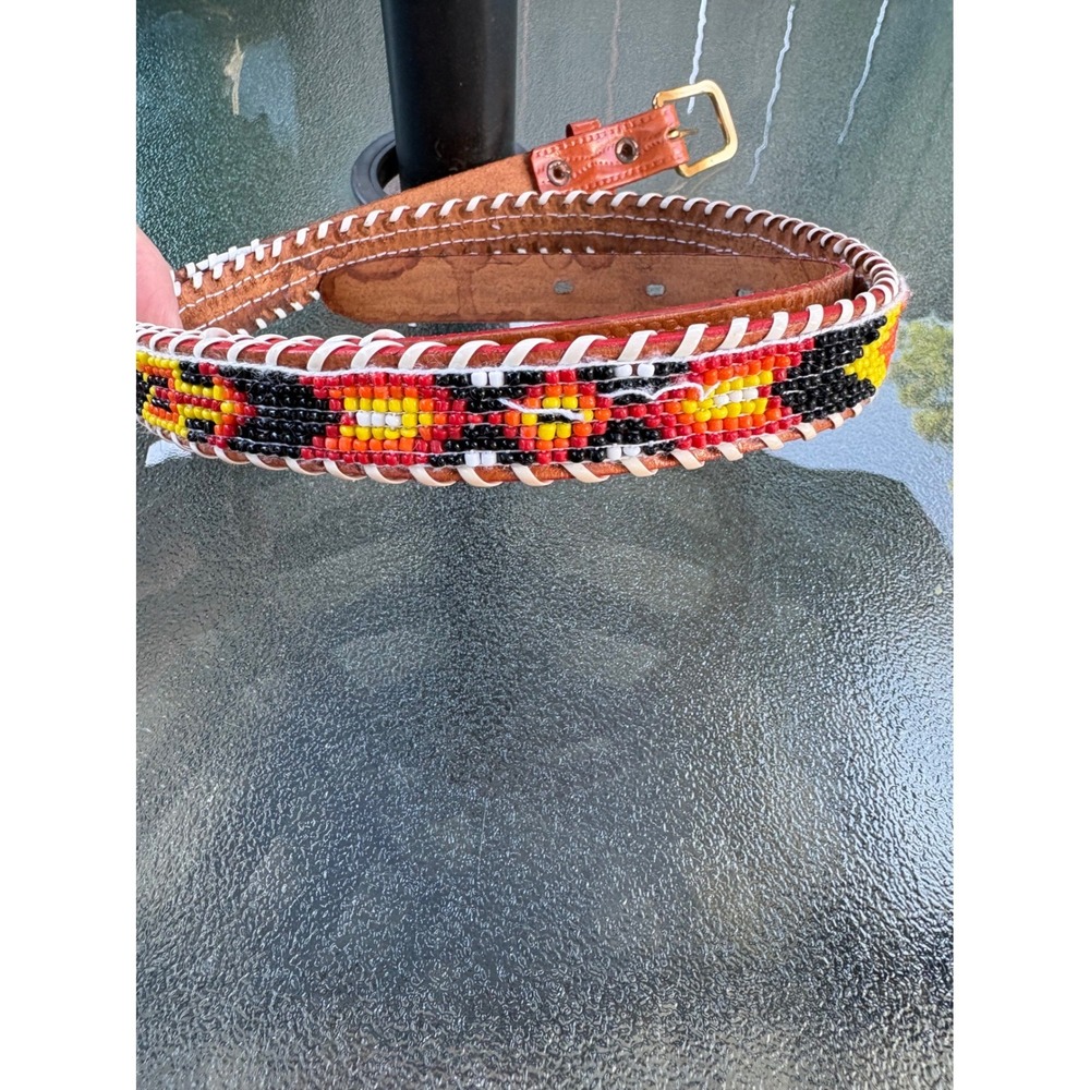 Beaded Leather Western Belt Hand Loomed Laced Cowhide Size 38 Southwestern Red